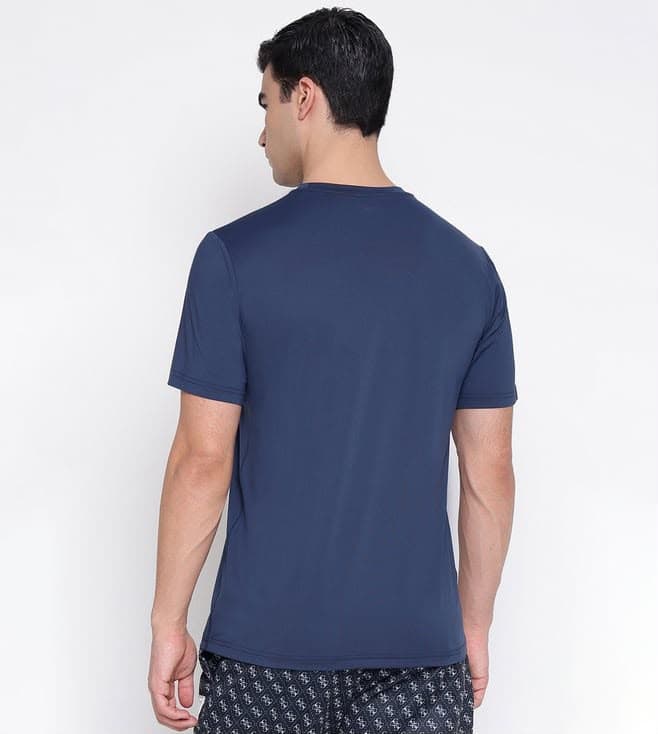 GUESS Liga Micro Textured Tech Silk Blue Solid Round Neck Slim Fit T-Shirt