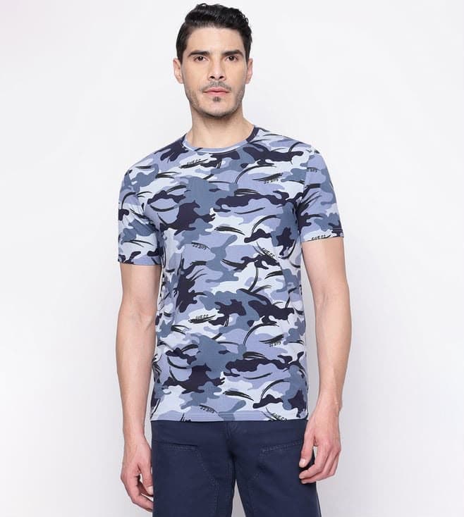 GUESS Blue Camou Aop Printed Regular Fit T-Shirt